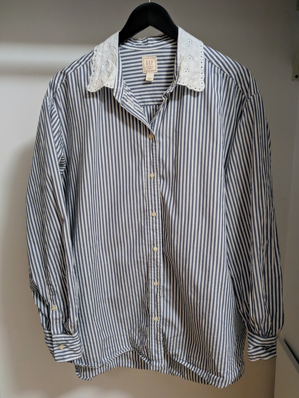 GAP X Doen Blue & White Vertical Stripe Button-Down Shirt with Eyelet Collar
